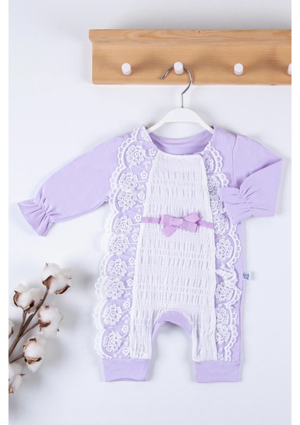 Gofralı Fransız Güpürlü % 100 Pamuk Kız Bebek Tulumu