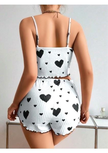 Beyaz Siyah Kalp Desenli Askılı Crop Şort Takım fiyatları