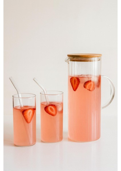 5 Parca Su ve Sürahi Seti (Bambu 1500 ml Sürahi , 2 x 400 ml Bardak , 2 x Cam Pipet)