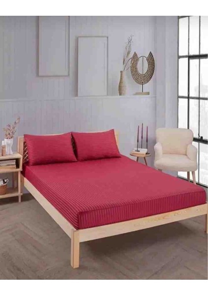 Pamuk Saten Çizgili 1 Adet Lastikli Çarşaf 2 Adet Yastık Kılıfı Seti Bordo Renk