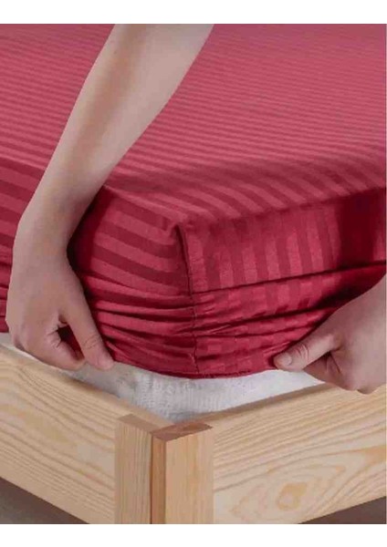 Pamuk Saten Çizgili 1 Adet Lastikli Çarşaf 2 Adet Yastık Kılıfı Seti Bordo Renk fiyatları
