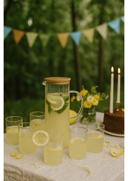 7 Parça Bardak ve Sürahi Seti - Bambu Kapaklı 2000 ml Sürahi 6 x 280 ml Bardak