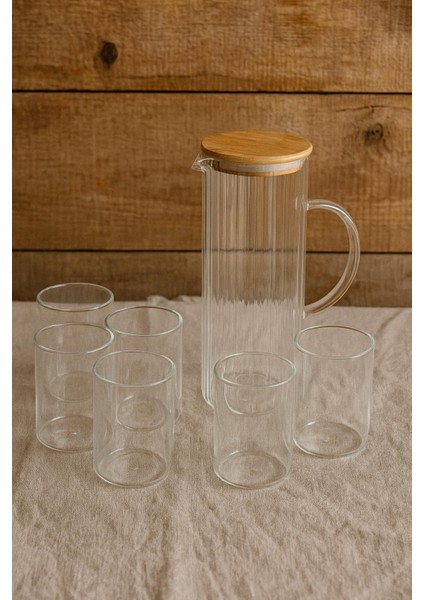 7 Parça Bardak ve Sürahi Seti - Bambu Kapaklı 2000 ml Sürahi 6 x 280 ml Bardak modelleri