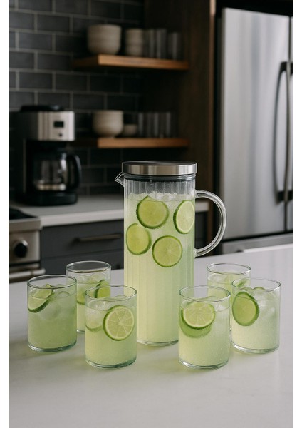 7 Parça Bardak ve Sürahi Seti - Metal Kapaklı 2000 ml Sürahi 6 x 280 ml Bardak