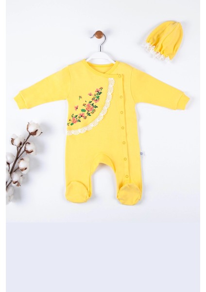 Çiçek Nakışlı Şapkalı % 100 Pamuk Kız Bebek Tulumu