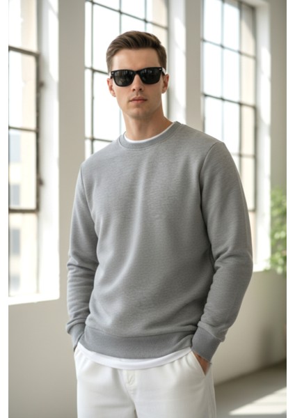 Pamuklu Erkek Sweatshirt Gri Soft Touch Relax Fit Basic Bisiklet Yaka 3 Iplik Nefes Alan