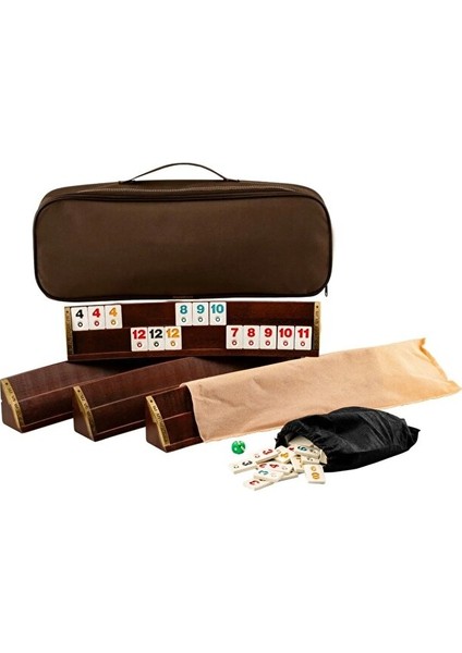 Okey Takımı Oval Oyma Desenli Koyu Renk Ahşap El Yapımı - Vip Taşıma Çantalı