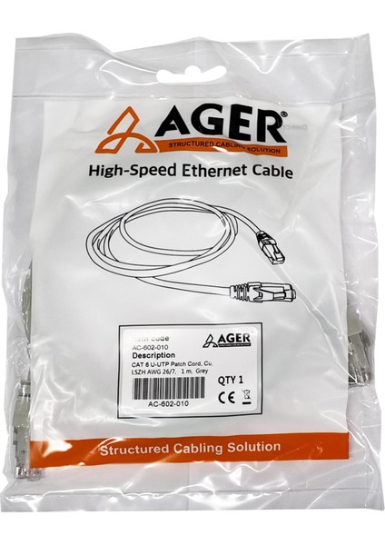 AC-602-020 2mt Utp Cat6 Patch Kablo Grı Cu, Lszh Awg 26/7 fiyatları