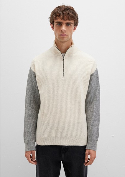 Yarı Fermuarlı Dik Yaka Beyaz Kazak 0710263-70057