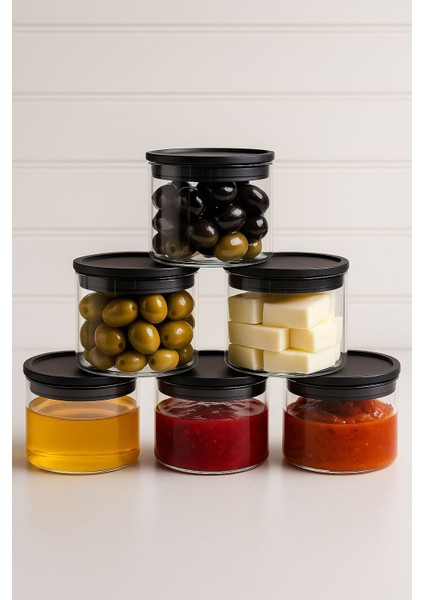Borosilikat Cizgili Cam Kahvaltılık Seti - Sızdırmaz Silikonlu Plastik Kapak - 90 x 70 mm (X6)Özgün Ev