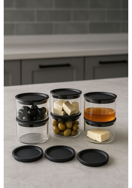 Borosilikat Cizgili Cam Kahvaltılık Seti - Sızdırmaz Silikonlu Plastik Kapak - 90 x 70 mm (X6)Özgün Ev