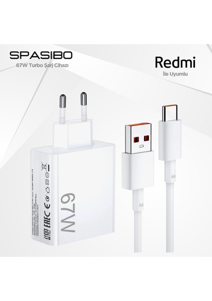 Redmi Uyumlu 67W Turbo Şarj Adaptörü Seti | Type-C Hızlı Şarj & Akıllı Voltaj Koruma
