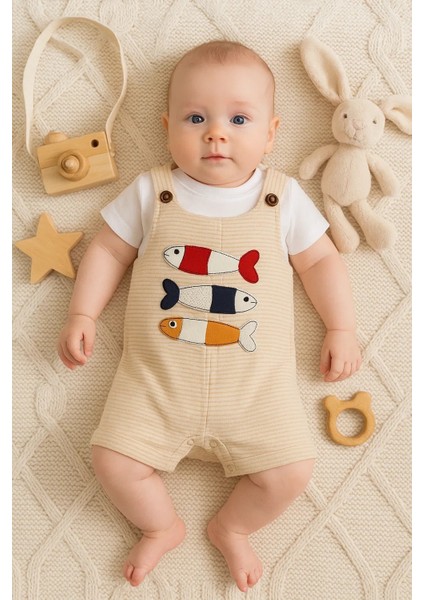 Balık Nakışlı Kısa Kollu Erkek Bebek Tulumu