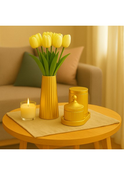 El Yapımı Modern Çizgili Dekoratif Set – Vazo, Kapaklı Kutu, Mumluk ve Tepsi (6 Parça)