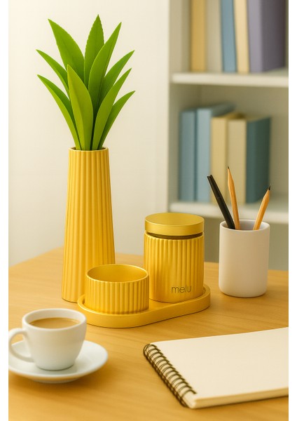 El Yapımı Modern Çizgili Dekoratif Set – Vazo, Kapaklı Kutu, Mumluk ve Tepsi (6 Parça) fiyatları