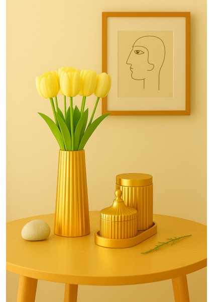 El Yapımı Modern Çizgili Dekoratif Set – Vazo, Kapaklı Kutu, Mumluk ve Tepsi (6 Parça) modelleri