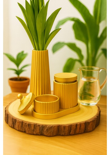 El Yapımı Modern Çizgili Dekoratif Set – Vazo, Kapaklı Kutu, Mumluk ve Tepsi (6 Parça) fırsatları