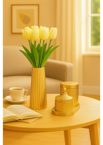 El Yapımı Modern Çizgili Dekoratif Set – Vazo, Kapaklı Kutu, Mumluk ve Tepsi (6 Parça) indirimleri