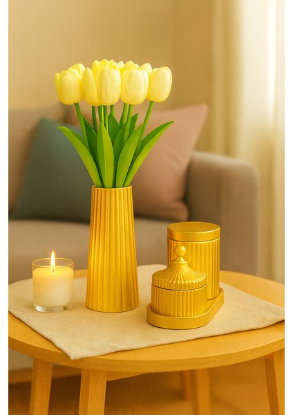 El Yapımı Modern Çizgili Dekoratif Set – Vazo, Kapaklı Kutu, Mumluk ve Tepsi (6 Parça)