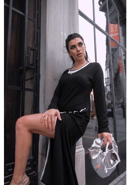 Kadın Uzun Kollu Yuvarlak Ribana Yaka Yırtmaçlı Uzun Viskon Iki Iplik Elbise fiyatları