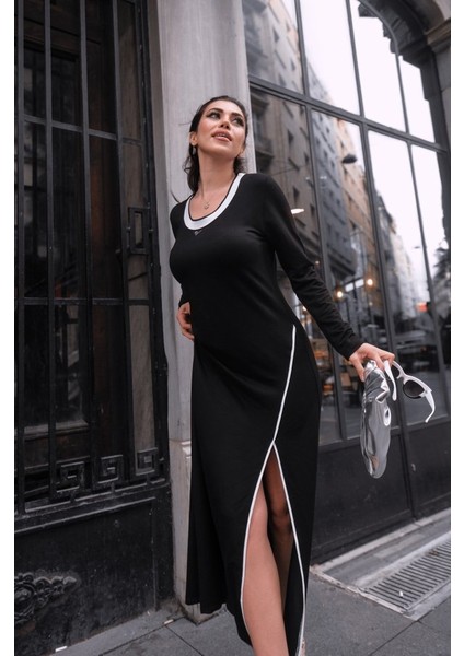 Kadın Uzun Kollu Yuvarlak Ribana Yaka Yırtmaçlı Uzun Viskon Iki Iplik Elbise modelleri