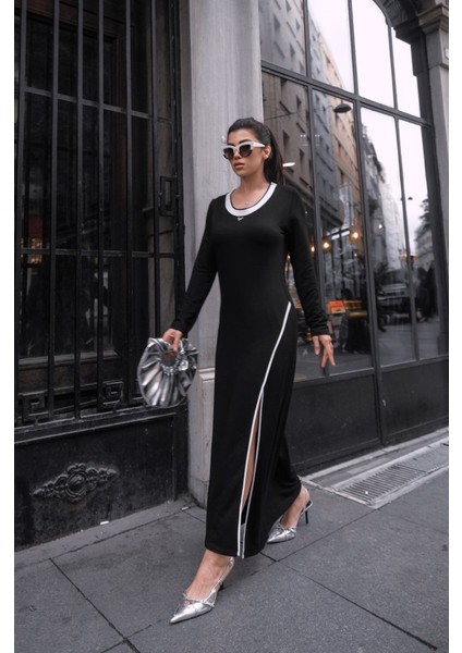 Kadın Uzun Kollu Yuvarlak Ribana Yaka Yırtmaçlı Uzun Viskon Iki Iplik Elbise fırsatları