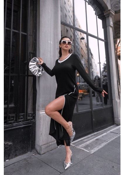 Kadın Uzun Kollu Yuvarlak Ribana Yaka Yırtmaçlı Uzun Viskon Iki Iplik Elbise indirimleri