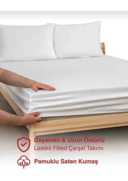 Pamuk Saten Çizgili 1 Adet Lastikli Çarşaf 2 Adet Yastık Kılıfı Seti Beyaz Renk fiyatları