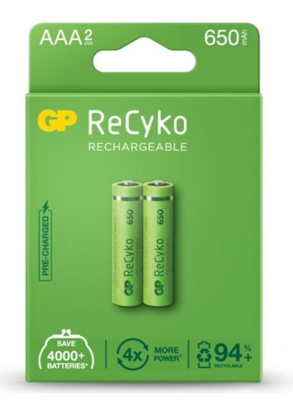 Recyko Şarjlı Pil Aaa Ince Kalem 650 Mah Ni-Mh 2li Paket