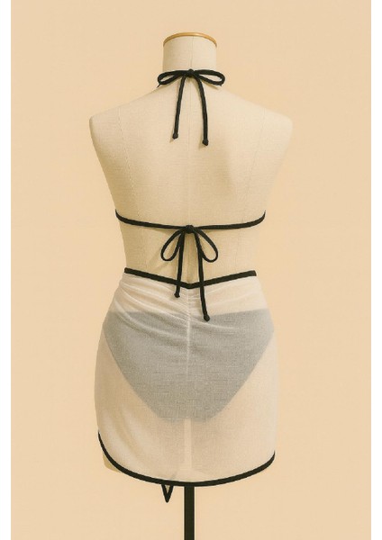 Kadın Siyah Beyaz Pareolu Yandan ve Boyundan Bağlamalı 3'lü Bikini Takımı fırsatları