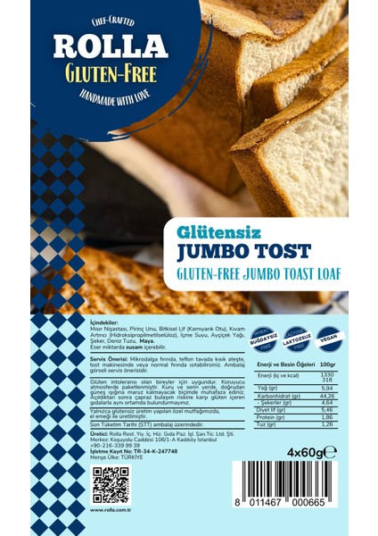 Glutensiz Jumbo Tost Ekmeği ( Laktozsuz Vegan ) (8X60GR) Rolla Gluten Free fırsatları