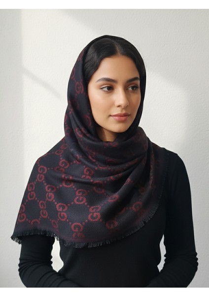 G Desen Kaşmir Ipek Çift Renk Taraflı Siyah Bordo Şal