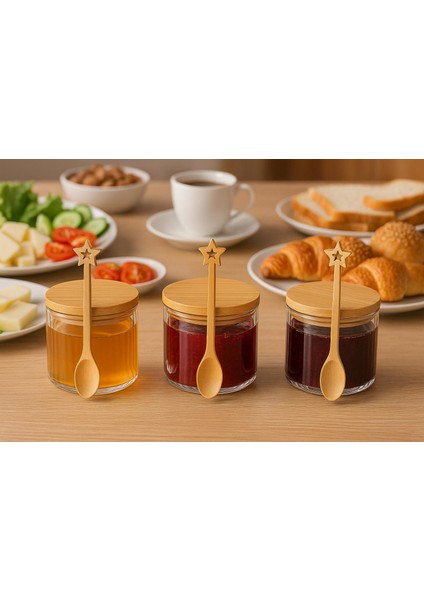 3 Lü Bambu Kasıklı Bambu Kapaklı Borosılıkat Cam Kahvaltılık 90 x 60 Seti