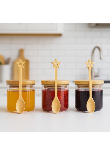 3 Lü Bambu Kasıklı Bambu Kapaklı Borosılıkat Cam Kahvaltılık 90 x 60 Seti modelleri