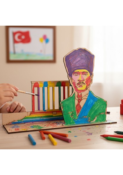 Mdf Ahşap Boyama Kiti - Mustafa Kemal Atatürk ve Anıtkabir Maketi - Okul Öncesi Eğitici Hobi ve Sanat Seti - Ince Motor Gelişimi
