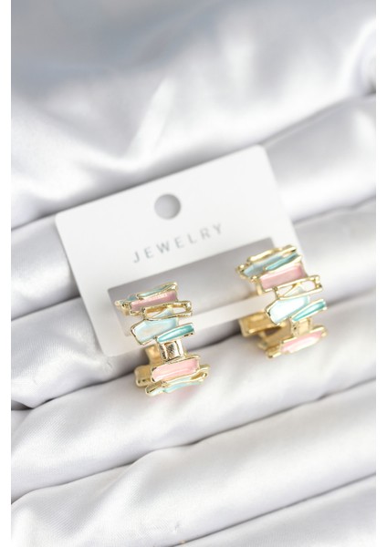 Mineli Karışık Renkli Gold Kadın Küpe