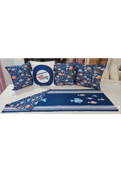 Balık Desenli Çift Yönlü Runner Kırlent Takım