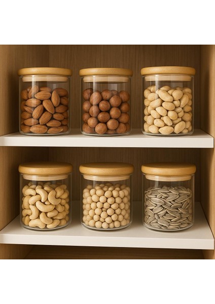 Borosilikat Baharatlık 500 ml 6 Adet -(90 mm x 100 Mm)-Bambu Kapaklı-Sızdırmaz Silikonlu modelleri