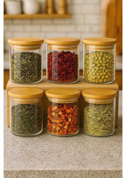 Borosilikat Baharatlık 500 ml 6 Adet -(90 mm x 100 Mm)-Bambu Kapaklı-Sızdırmaz Silikonlu fırsatları