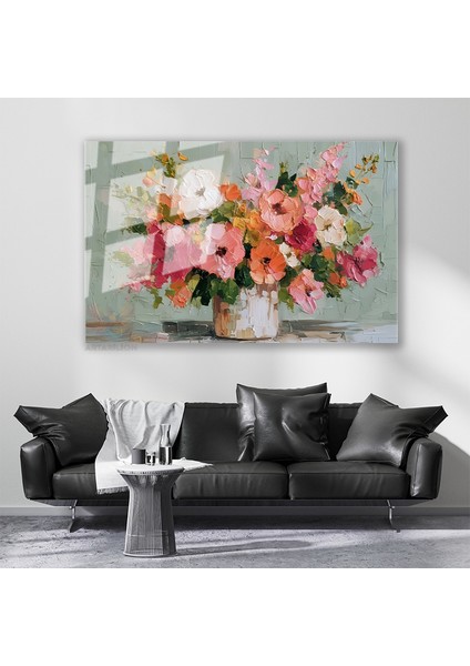 Cam Yatay Duvar Tablosu Cam Vazoda Cicekler Ev Ofis Salon Modern Duvar Tablosu