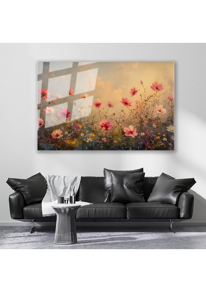 Cam Yatay Duvar Tablosu Cam Cicek BAHCESI33 Ev Ofis Salon Modern Duvar Tablosu