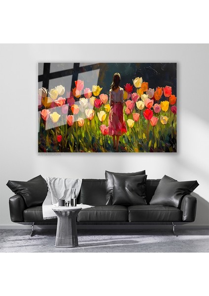 Cam Yatay Duvar Tablosu Cam Kucuk Kizve Laleler Ev Ofis Salon Modern Duvar Tablosu