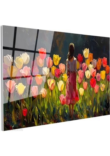 Cam Yatay Duvar Tablosu Cam Kucuk Kizve Laleler Ev Ofis Salon Modern Duvar Tablosu fiyatları