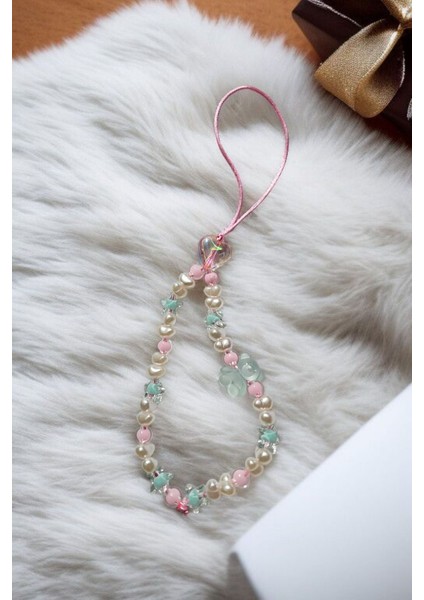 Turkuaz Ayıcık ve Pembe Kalpli Telefon Charmı Inci ve Yıldız Boncuklu Telefon Askısı