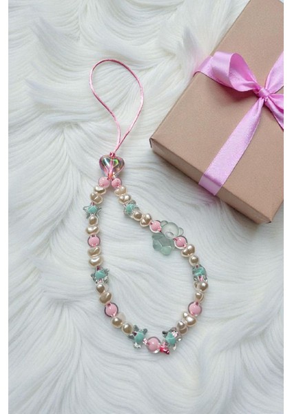 Turkuaz Ayıcık ve Pembe Kalpli Telefon Charmı Inci ve Yıldız Boncuklu Telefon Askısı fiyatları