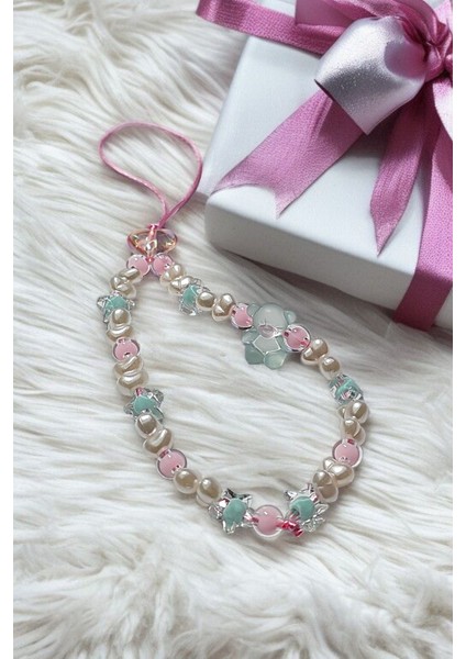 Turkuaz Ayıcık ve Pembe Kalpli Telefon Charmı Inci ve Yıldız Boncuklu Telefon Askısı fırsatları