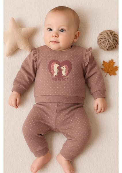 Kirpi Nakışlı % 100 Pamuk 2'li Kız Bebek Takım