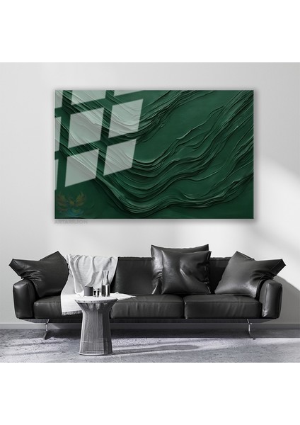 Cam Yatay Duvar Tablosu Cam Yesil Cizgiler2 Ev Ofis Salon Modern Duvar Tablosu