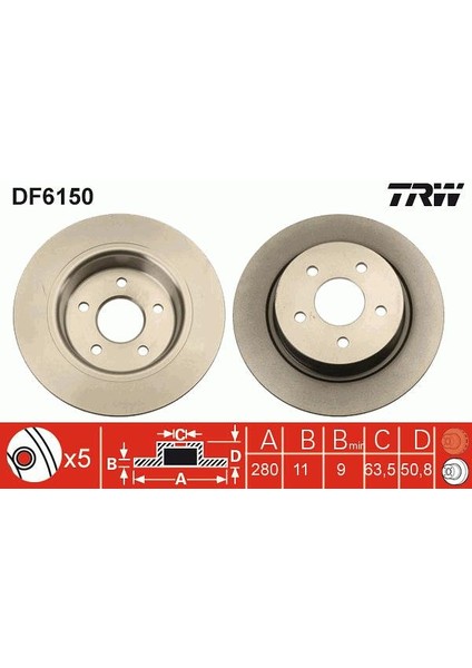 Arka Fren Dısk Aynası Yenı Connect Chc 1.6 /1.5 Tdcı 15 C-Max 12 Kuga Iı 13 20 Grand C-Max 11 Merkezleme Capı 63.5 mm Yukseklık 50.8 mm 5 Delik Dıs Cap 279.8