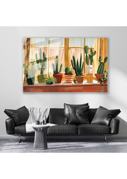 Cam Yatay Duvar Tablosu Cam Saksidaki Kaktusler Ev Ofis Salon Modern Duvar Tablosu